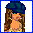 Pixelated 48x48 buddy icon featuring a cartoon woman with long brown hair wearing a dark blue beret and yellow top, alongside three text-based frames on a blue background with pink pixelated text.