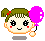 Pixel art contact sheet of four animated frames showing a cartoon girl with green pigtails holding a pink balloon, each frame displaying different facial expressions and mouth positions.
