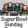 Pixel art animation of three skeleton characters on a brown couch with text "SuperBowl Sunday" below, showing subtle facial expression changes across frames.