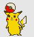 Yellow cartoon character with red cheeks, black eyes, and brown-tipped ears holds a white flag in its right hand while balancing a Poké Ball on its head.