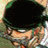 Pixelated anime-style character with green hair and black beret, side profile against black background with white text.