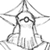 Static grayscale pixel art icon of a stylized character with geometric lines and circular eyes, set against transparent background.