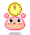 Pixelated character with pink outline, peach face, and two round ears holds a yellow clock with brown border and red dots.