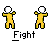Animated contact sheet of 25 pixelated yellow stick figures performing various fight-related actions against a gray background, each labeled "Fight" below the frame.