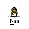 Animated contact sheet of 16 frames showing a pixelated character in various text-based states with changing background elements and repeated "Nas" labels below each frame.