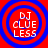 Four identical circular icons with red backgrounds and blue concentric rings, each displaying white text "DJ CLUE LESS" in a stacked arrangement.
