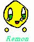 Yellow pixelated character with green eyes and red mouth, two yellow dots below, text 'Remon' in light green at bottom.