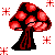 Six pixelated mushroom-shaped icons in red, orange, yellow, green, blue, and purple arranged in two with colored starbursts on a white background
