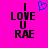 Pixelated text 'I LOVE U RAE' on bright pink background with blue heart symbol above the 'I'.
