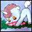 Pixelated cartoon character with pink hair and wings lies on green grass under a light blue sky, with a white speech bubble above its head.