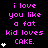 Pixelated text reads 'i love you like a fat kid loves CAKE.' with white heart symbols on black background, animated heart count increases across frames.