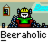 Animated pixel art contact sheet showing a character with yellow crown and green shirt sitting in brown chair, repeating across frames with subtle animation changes including text variations and small object movements.