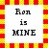 Static pixel art with red and yellow striped border, white background, and text "Ron is MINE" in black block letters.