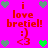 Pixelated pink background with red text 'i love bretiel!' and smiley faces, surrounded by green and gray heart icons in a pattern