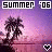 Pixelated summer scene with palm trees, purple-pink gradient sky, and water reflection; two heart icons appear in bottom corners.