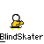 Pixelated yellow figure with white head performs motion sequence on gray background, transitioning from standing to riding a skateboard with visible 'Blind' text on the board.