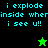 Pixelated text reads "i explode inside when i see u!!" with a green star and black star icon on green and black backgrounds.