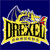 Pixelated yellow and black text 'DREAM' on a blue background with a red arrow and white outline.