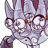 Pixel art character with multiple eyes and a wide grin, wearing armor-like headgear with purple accents.