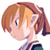 Pixelated anime-style character head with brown hair and blue eyes, side profile view on white background.