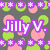 Pixelated icon with purple text 'Jilly' and a white checkmark on dark gray background, surrounded by green circles and pink ovals.