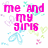Pixelated pink text reads "me and my girls" above a blue butterfly, with scattered pastel hearts on white background.