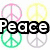 Four peace symbols in pink, yellow, green, and gray above the word "Peace" with a rainbow heart labeled "Love," "happiness," and a red tongue icon.