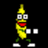 Pixelated yellow banana-shaped character with large gray eyes, red mouth, green limbs, and white shoes against black background.