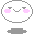 Pixelated white oval face with gray eyebrows, pink blush, and a smiling mouth on gray background.