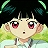 Pixelated character with large red eyes, light skin, and brown hair styled in two upward spikes, set against a dark background with green curved shapes.