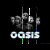Animated contact sheet of a 5-frame animation featuring the word 'oasis' in white text with blue and green highlights, accompanied by abstract gray shapes resembling musical notes or sound waves on a black background.