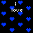 Black background with scattered blue pixelated hearts and repeated white text 'i love' in a retro digital style.