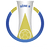 A circular blue ring encloses a white background with two vertical gray bars and a yellow hourglass shape in the center.