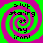 Four identical spiral patterns with green and magenta colors, each containing the text "stop staring at my icon!" in black pixelated font.