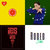 Four distinct pixelated images arranged in a 2x2 grid: top-left yellow with red circular patterns, top-right green with a figure in blue clothing, bottom-left dark with a red abstract shape, bottom-right white with vertical gray bars.