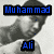 Pixelated grayscale image of a person with dark hair and light clothing, featuring blue text overlays reading "Muhammad" above the head and "Ali" below the chest.