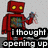 Red robot with yellow eyes and multicolored torso displays four text in a
