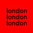 Red background with repeated black text 'london' in four , partially obscured by white horizontal bars across different frames