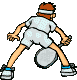 Pixelated cartoon character in tennis stance holding racket, repeated across with slight pose variations