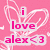 Pixelated pink icon with white heart outline and text 'i love alex<3' in pink letters on white background.