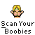 Pixelated character with blonde hair and green eyes holds up hands near chest, standing above text reading "Scan Your Boobies" on gray background.