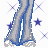 Pixel art contact sheet of an animated AIM buddy icon featuring a cartoon woman in blue-and-white striped top and gray pants with star background, showing multiple frames including full-body pose, close-up face, text variations, and partial body views.