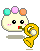 Pixelated character with pastel hair and pink cheeks holding a yellow trumpet, showing mouth color change from red to white across frames.