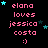 Pixelated text reads 'elana loves jessica costa :)' with cyan stars on black background, animated star positions shift across frames.
