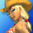 Pixelated static image of a cartoon-style female character with blonde hair in pigtails, wearing a straw hat and red-and-white patterned top against a blue background.