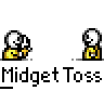Animated contact sheet showing 10 sequential frames of a pixel art animation featuring yellow stick figures tossing a soccer ball, with repeated text "Midget Toss" below each frame sequence.