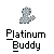 Pixelated light blue dotted figure with white star and cross symbols animating around it, labeled "Platinum Buddy" below.