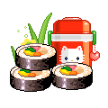 Pixel art of sushi rolls and a red thermos with a white cat face, arranged in four with slight variations in sushi placement and background elements