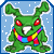 A green cartoon character with red eyes and a rainbow scarf stands against a light blue background with white snow-like dots, shown in three slightly different poses across sampled frames.