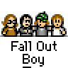 Animated contact sheet of Fall Out Boy buddy icon frames showing character lineup, guitar props, and text variations against gray background.